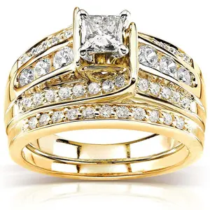 Women's 2-Piece Luxury Golden-Plated Bridal Rings Set, European-American Style, with Synthetic Moissanite Princess Center Stones and Zircon Accents for Engagement, Wedding Ring Sets