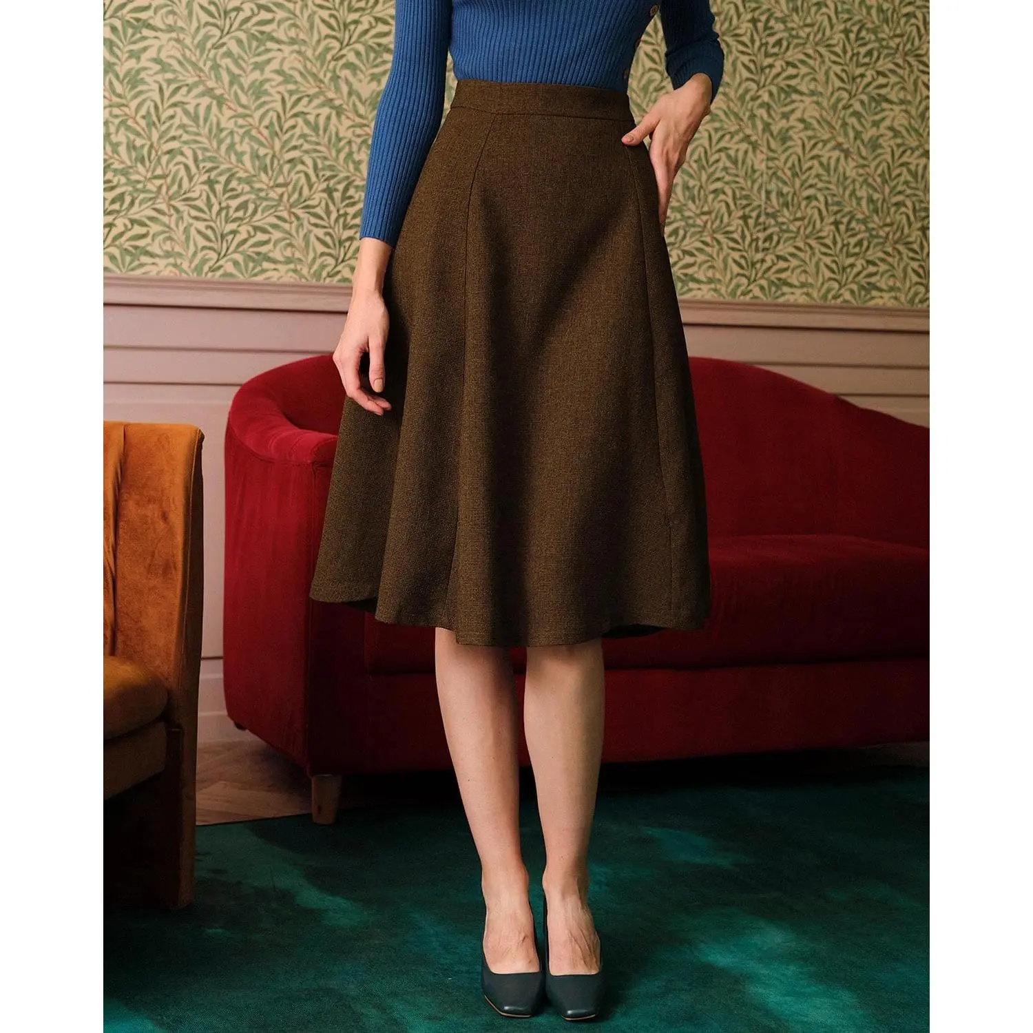 rihoas Women's High-Waisted Slim-Fitted Retro Tweed Skirt with Textured Woven Fabric, Premium Polyester Material and Zip Closure, No, Pleated