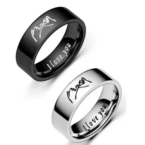 Set of 2 Simple Fashion Couple Rings, Black Silver Rings with Pull Handle Inside Marking Love, Suitable as Dating Gifts for Couples