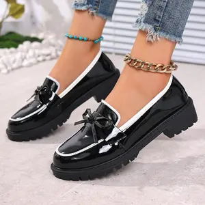 Women's Patent Leather Bow Detail Chunky Sole Slip-On Flat Pink Loafers, Casual Shoes, Stylish Footwear, Shoe