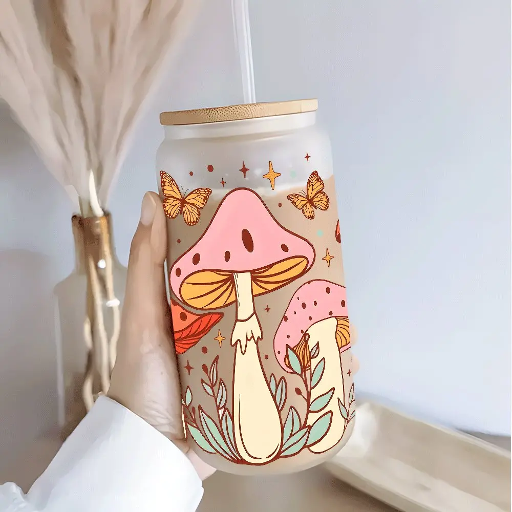 Boho Mushroom Butterfly Glass Tumbler, Skinny straight tumbler, with Lid & Straw, 16oz covered straw glass drinking cup, glass jar design, suitable for iced coffee, cold drink glass cups, glassware, Drinkware, Water Bottle Glass