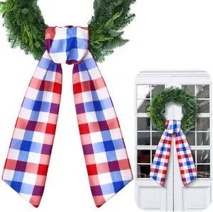 4th of July Check Wreath Sash for Front Door, Satin Patriotic Wreath Sash Red Blue White Embroidery Monogram Garland Ribbon Accessories for 250th Anniversary Independence Day Party Indoor Outdoor