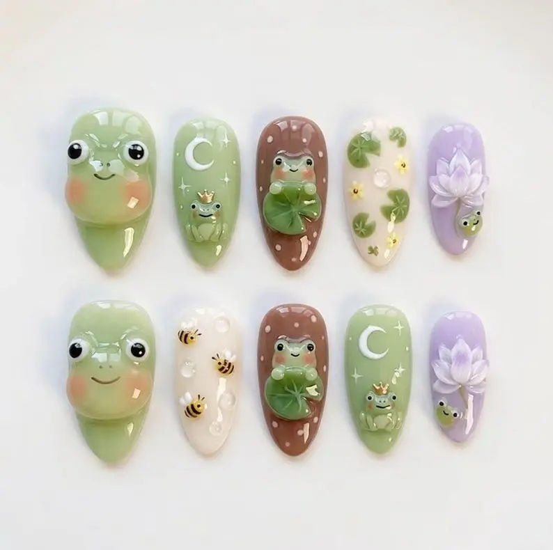Kawaii Frog 3D Press On Nails Frog Prince Nail Set Purple Lotus And Moon Nails For Bold Artistic Vibes