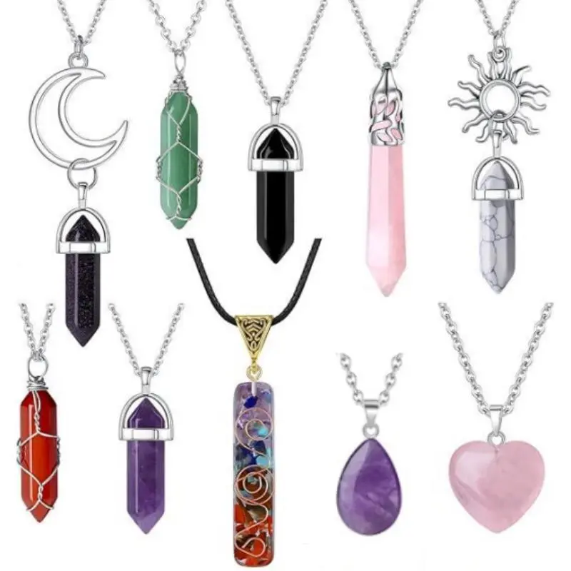 10 Pcs Crystal Pendant Necklace Chakra Healing Crystal Necklaces Vintage Hippie Spiritual Jewelry for Women Girls summerwins