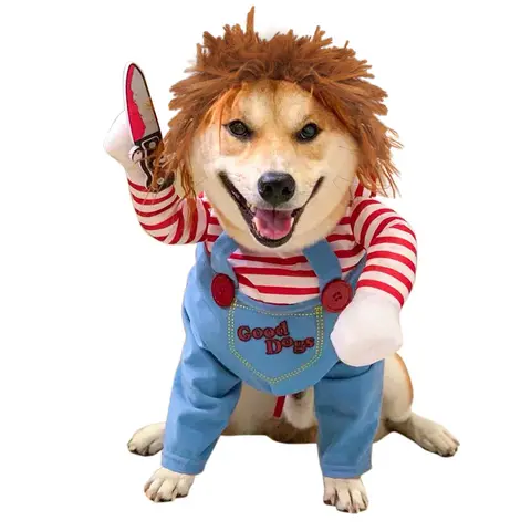 Funny Chucky Halloween Dog Costume with Pet Wig and Prop Knife, Scary Cosplay Outfit, Creative Pet Costume for Small, Medium and Large Dogs and Cats