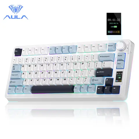 AULA S75 PRO Tri Mode Custom Wireless Mechanical Keyboard (White Blue) - 75% Size, Hot Swappable, Pre-lubed Switches, RGB Backlit, PBT Keycaps, Screen, Knob, Creamy Feel, Keycap Puller Included, for PC Gaming Keyboards