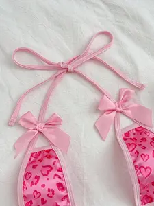 UrbanAthleteStore x PetitDoll Plus Size Sexy Lingerie Bodysuit, Satin Fabric, Leopard Print, Bow Decor, Cute & Wild Design