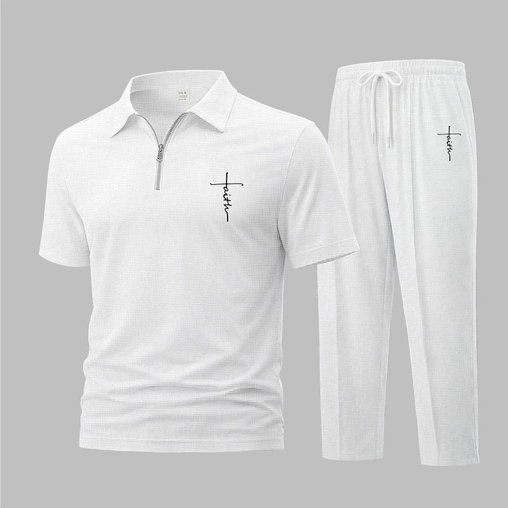 Men's Casual Waffle-Knit Set, 2-Piece Faith Print Zip Polo Shirt and Trousers, Lightweight Breathable Sports Activewear Outfit, Breathable Set, Lightweight Athletic Outfits, Classic Sporty Breathable, Fitness Training Clothes
