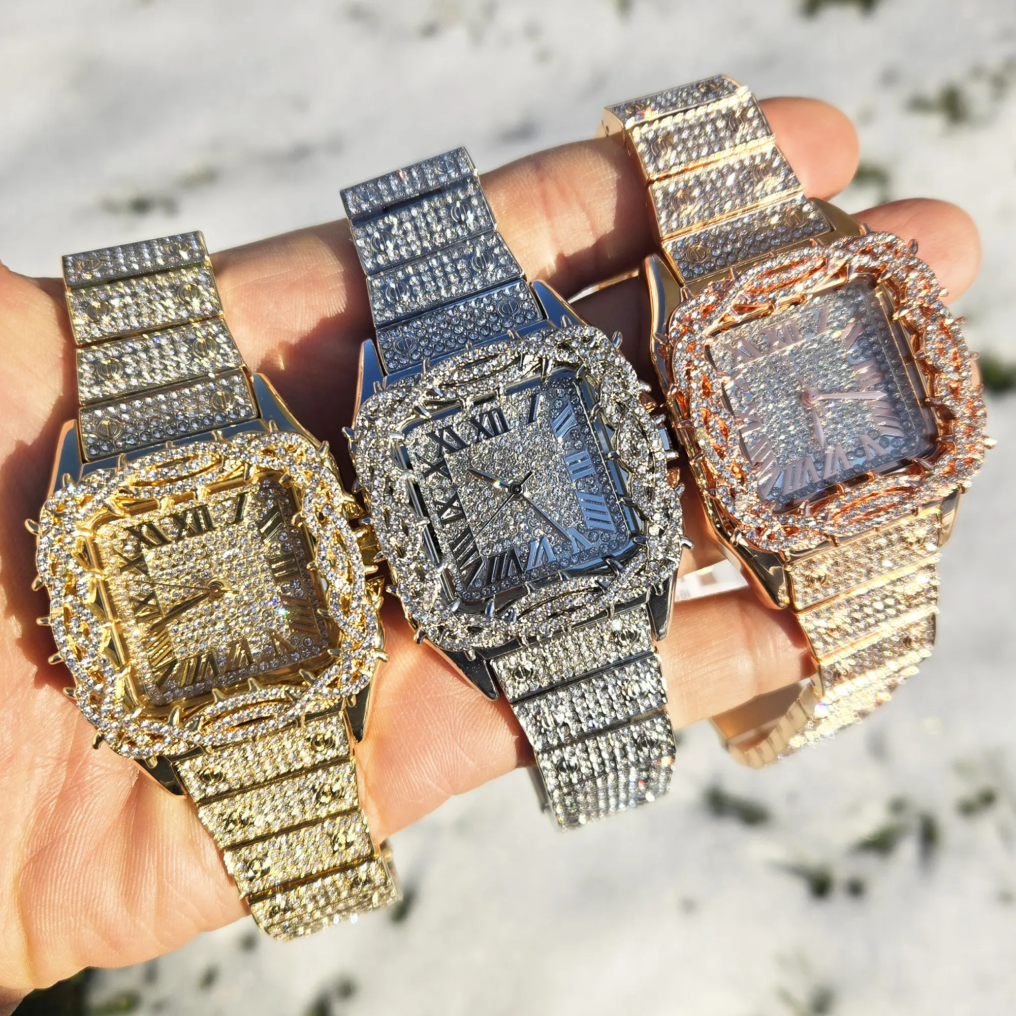 MaxBling81 Men's Luxurious Square Face Quartz Watch - Thorn Crown Bezel, Simulated Diamond Stainless Steel Band, Hardlex Glass, Hip-Hop Iced Accessory, Diamond-Inspired Crystal-Style Fashion Watch, Diamond-Inspired Quartz Watches, Iced Quartz Watches