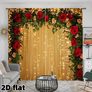 2D Flat 2Pcs Romantic Red Rose Golden Sparkle Curtains, Elegant Floral Print, Rod Pocket Design, Semi Sunshade Polyester, Perfect for Living Room Bedroom Kitchen Balcony Home Decor, Wedding Anniversary Valentine Gift Window Treatment, Anti Privacy