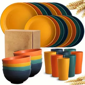 32-Piece Kitchen Plastic Wheat Straw Dinnerware Set Service For 8 Dinner Plates Dessert Plate Cereal Bowls Cups Unbreakable Colorful Plastic Outdoor Camping Dishes Cutlery Tableware 32Pcs Containers Home