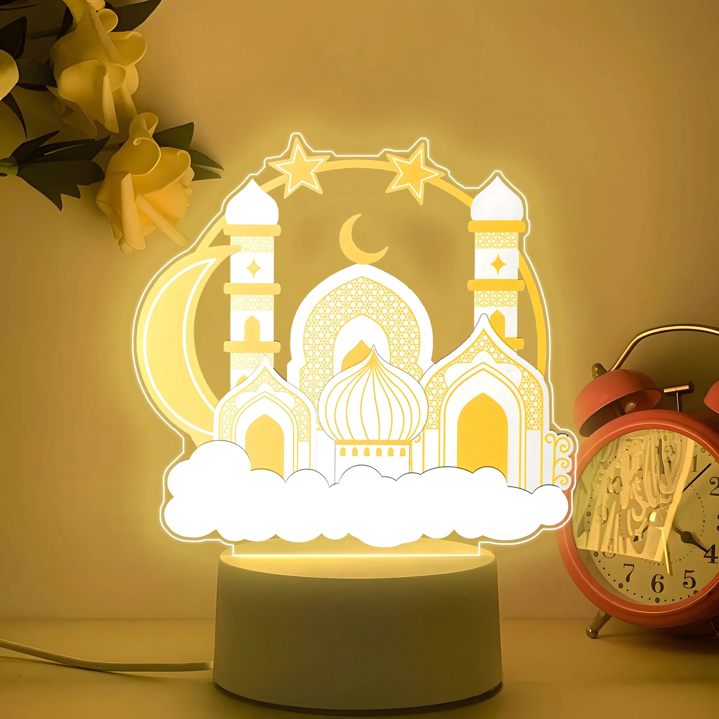 Mosque Theme Acrylic Night Light, Star Moon Islamic Architecture Texture, Warm Light USB Plug-In, Desktop Decoration for Ramadan