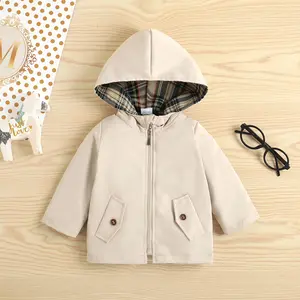 Infant Plaid Hooded Cardigan, Baby Long Sleeve Zipper Outerwear with Fake Pockets