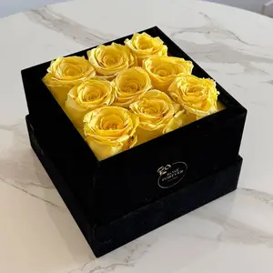 9 Yellow Roses - Black Square Velvet Box