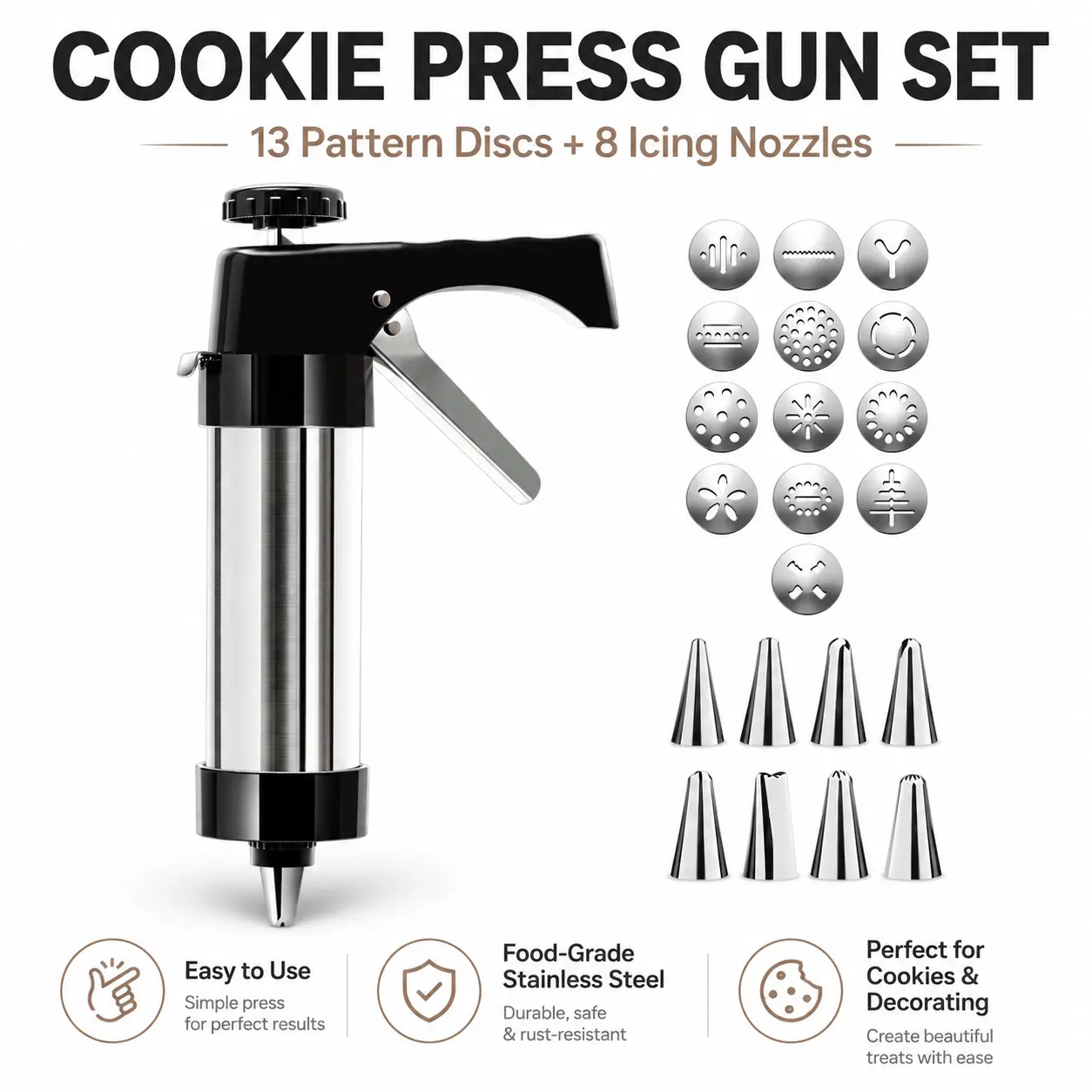Food-Grade Stainless Steel Cookie Press Gun Set, 13 Pattern Discs, 8 Icing Nozzles, Easy-to-Use Bakeware for Cookie Making & Decorating