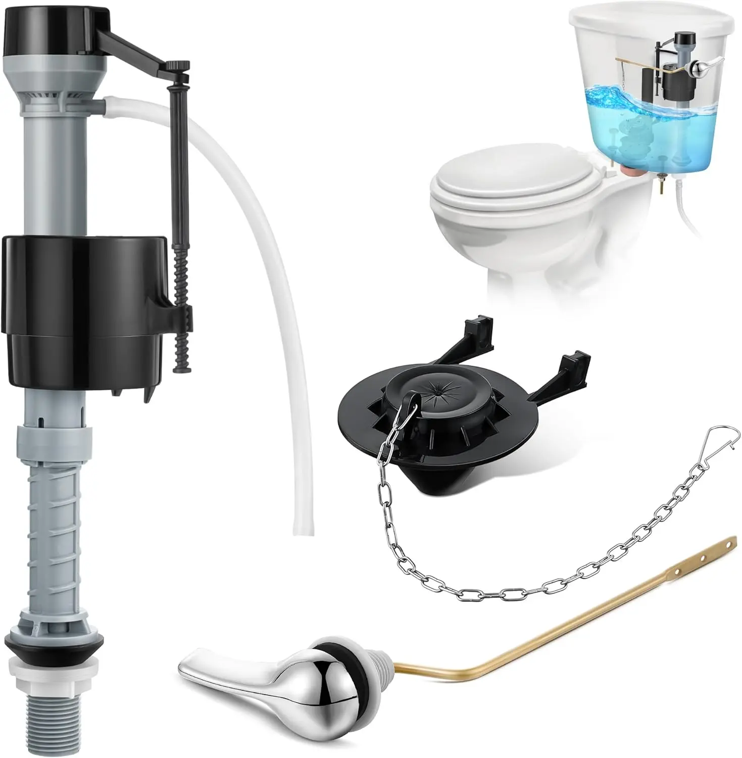 1Set Saillong Universal Toilet Flusher Replacement Kit, Fill Valve, 2-Inch Flapper, Side Mount Handle Lever, Water-Saving, Adjustable Toilet Repair Kit Inside Tank, Easy to Install