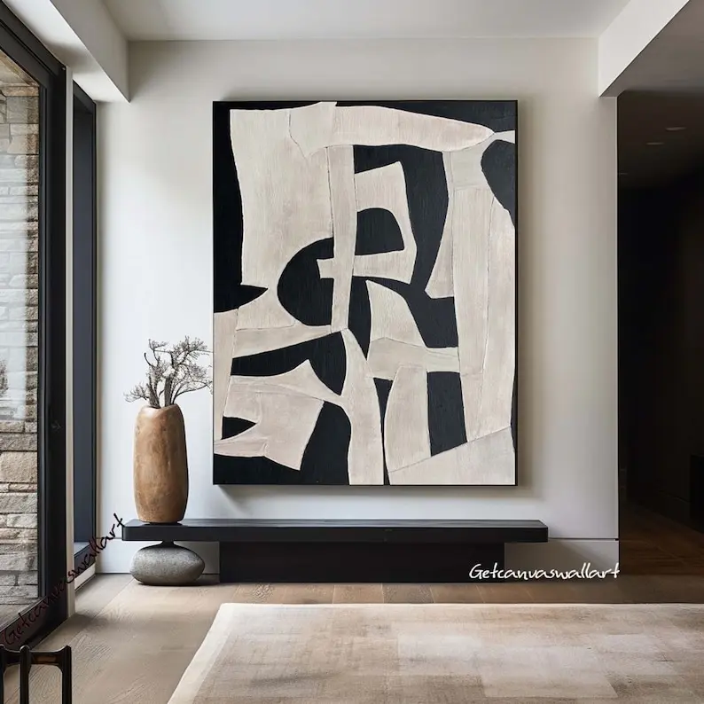 Framed Neutral Abstract Oil Painting Print - Large, Multi-Textured, Beige & Black Minimalist Graphic Print Wall Art with Eco-Friendly Pine-Walnut Frame, Home Supplies for Living Room Decor