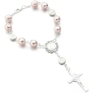 Rosary for Rearview Mirror, Personalized Rear View Cross Blessing Beads Decor, Auto Rearview Catholic Rosary Hanging Pendant, Interior Men Women  Accessories (Pink)