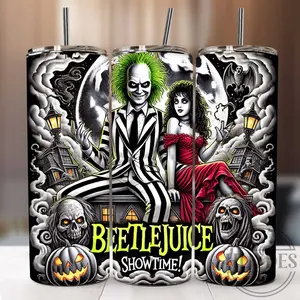 Halloween Beetlejuice and Lydia 20oz Tumbler, Skinny Halloween Tumbler Featuring Iconic Characters, Great for Spooky Season, Ideal for Halloween Parties and Horror Movie Fans