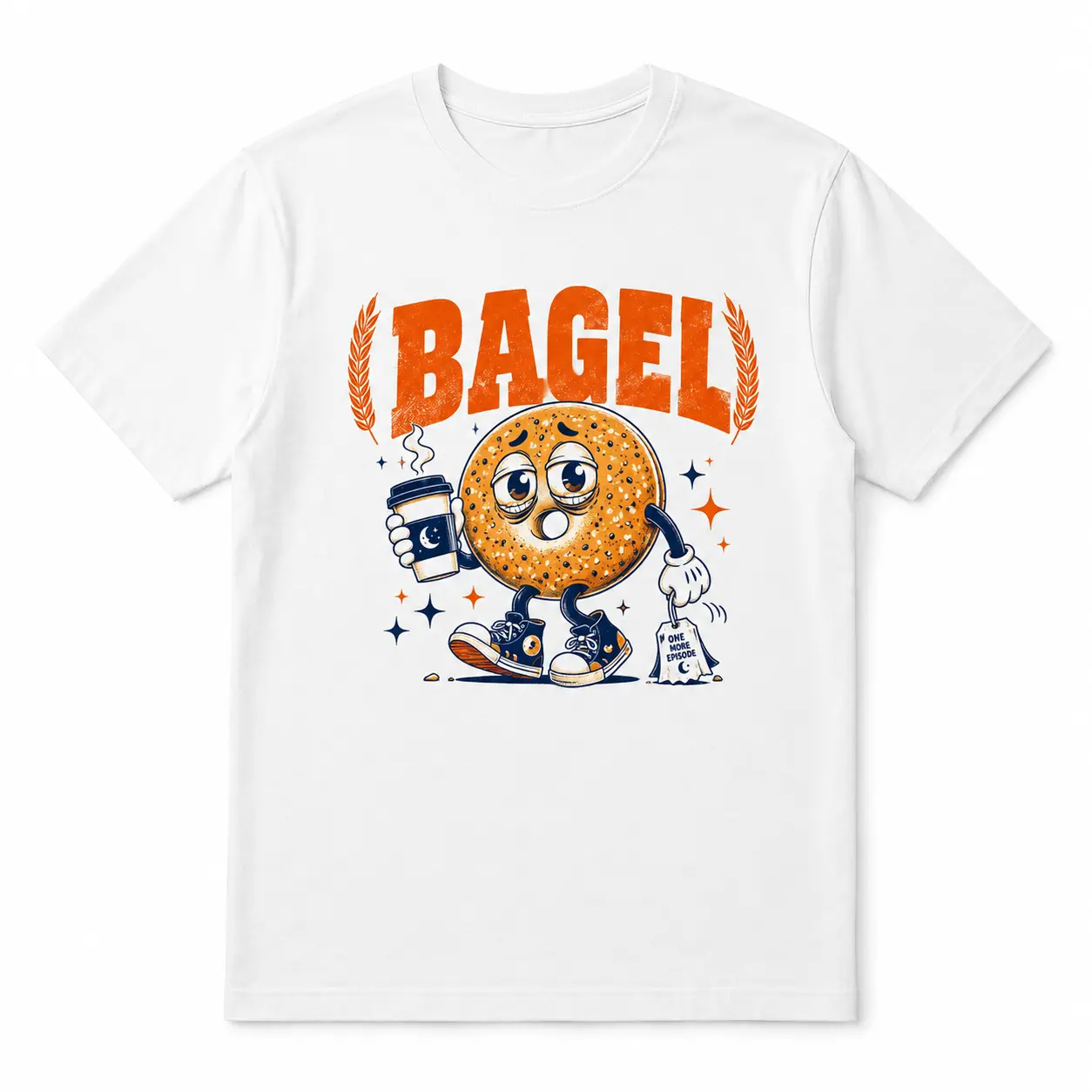 Menswear Short-Sleeve Round Neck T-Shirt - BAGEL Tired Retro Cartoon Character Graphic, White/Orange/Navy Print, Unisex Soft Breathable Cotton Casual Streetwear Clothes, Vintage Humor Foodie Outfit, Style 3630