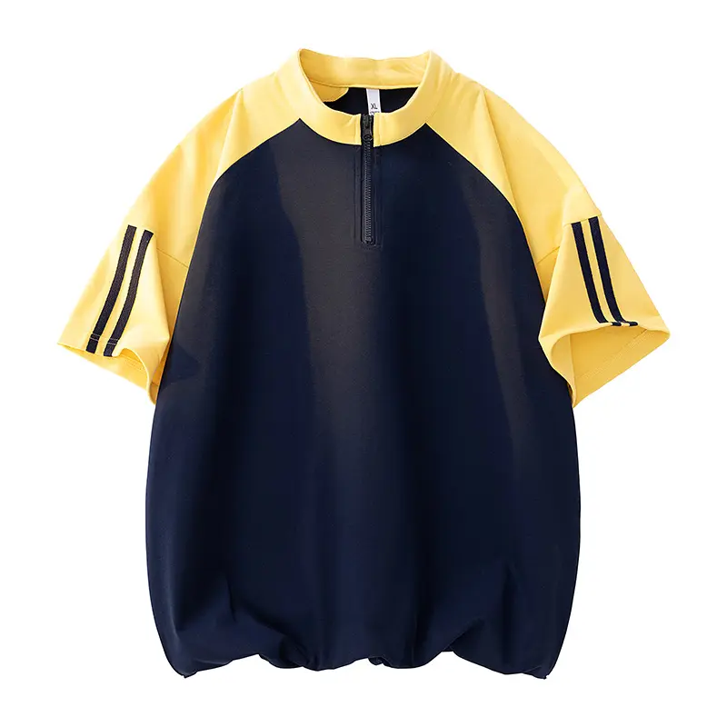 Men's Color Block Raglan Half-Zip Stand Collar Short Sleeve T-Shirt, Three-Stripe Casual Sports Top, Soft Breathable Tee for Fitness, Campus, and Daily Outfits#SummerWins