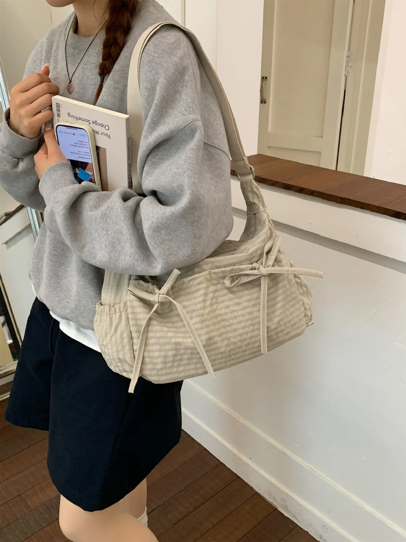 New Korean Style Plaid Bowknot Crossbody Bag, Crossbody Messenger Bag, Large Capacity Canvas Shoulder Bag, Adjustable Strap, Casual Travel Backpack, Handbag Shoulder Bag, Fashionable Crossbody Bag, Casual Shoulder Purse