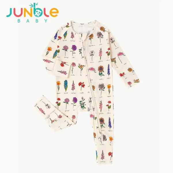 JUNBLEBABY Unisex Floral Bamboo Long Sleeve Bodysuit - Hollow Flower Print, 2-Way Zipper, Slim-Fitting, All Seasons Double Zipper Convertible Footies, Fitted, 18-24M, Two-Way Zipper