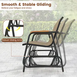 COSTWAY - Patio Glider Bench with Curved Teak Armrests and Breathable Fabric Seat for 2 People-Brown