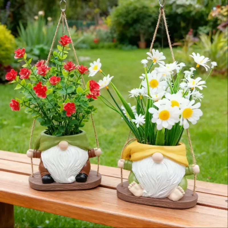 Cute Gnome Dwarf Swing Hanging Planter - Resin Craft Outdoor Garden Patio Decor, New Christmas Plant Pot, Swinging Planter, Outdoor Planters, Unique Pots, Weather-Resistant & Durable