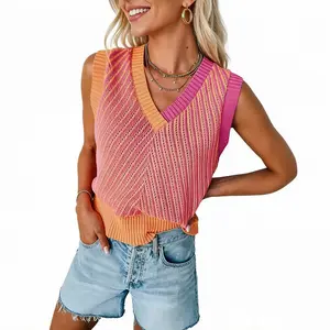 Asvivid Women's Contrast Chevron Striped Colorblock Knit Vest, V-Neck Sleeveless Ribbed Womenswear Top with Stylish Fitted Fit, Fall Casual Clothing