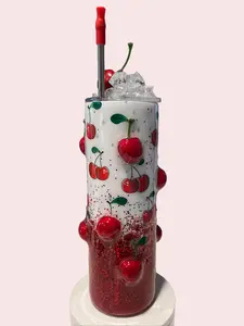3D Cherry with glitter Stainless Steel Skinny Tumbler with Lid Topper, Straw  Drinkware Insulated Cup icetopper tumblers unique  cups Flasks Bottles