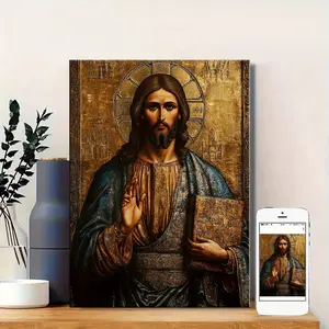 A Piece of Orthodox Church Religious Wall Art - Christ Icon and the Book of Revelation, Traditional Orthodox Painting, Dark Blue and Gold, Wall Hanging with Wooden Frame, Suitable for Home, Church, Office or as a Gift - Religious Decoration, Religious Wal