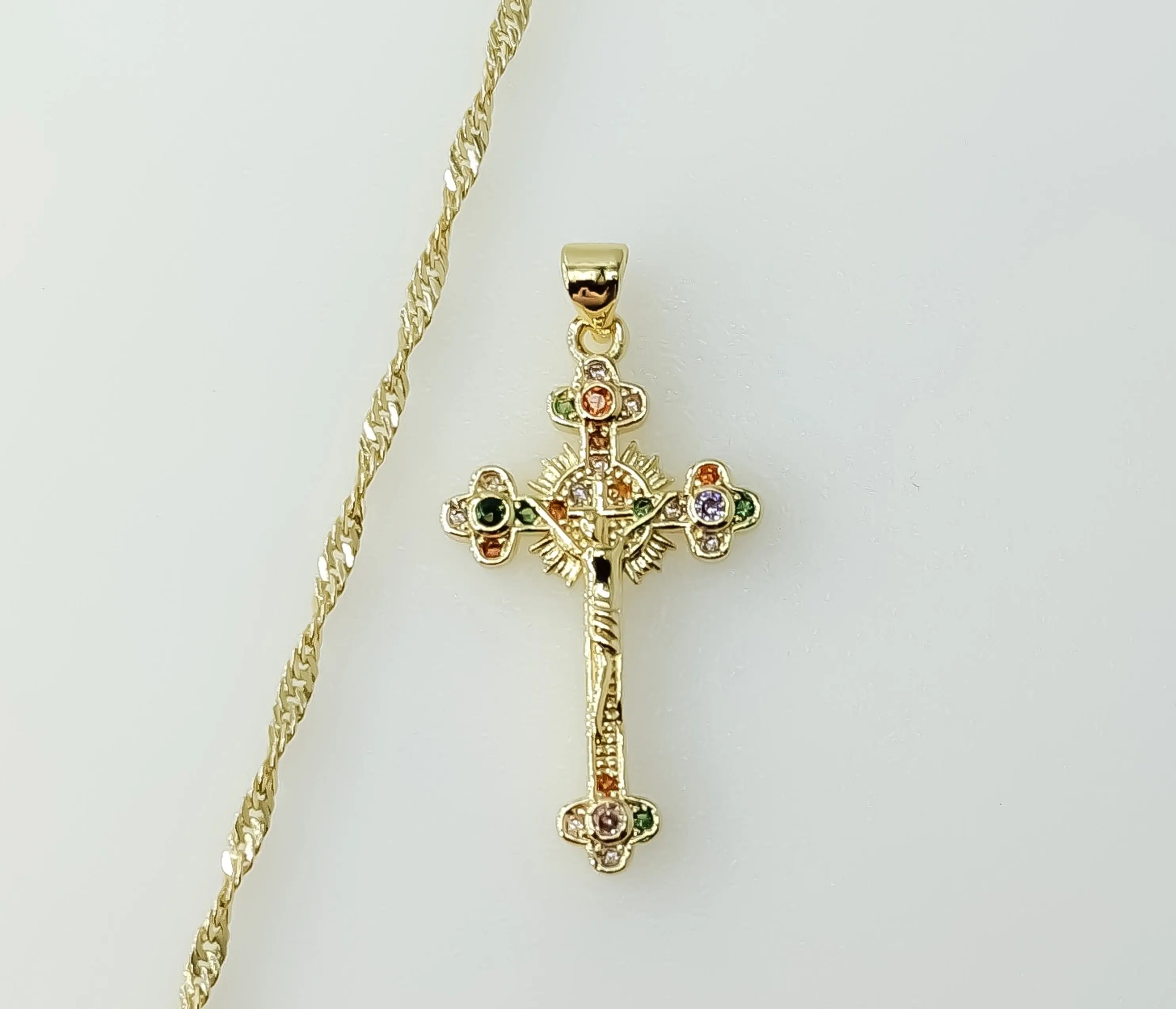Plated Small Cross Jesus Crucifix 14K Twist Chain Necklace
