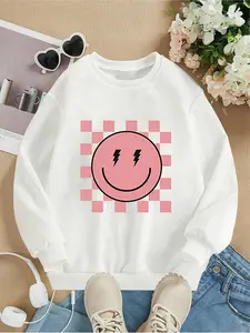 Women's Smile Face Print Drop Shoulder Fitted Sweatshirt, 2024 New Style Casual Long Sleeve Round Neck Pullover for Fall & Winter, Women's Clothes for Daily Wear