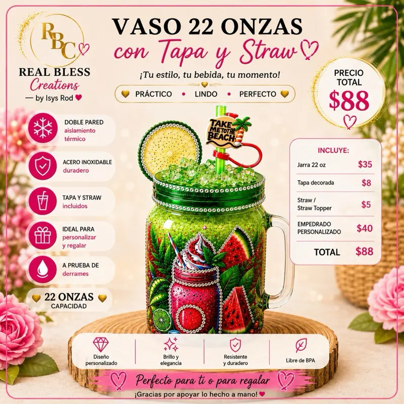Watermelon Beach Luxe – Hand-Rhinestoned Edition | 22 oz Personalized Mason Jar Tumbler    Watermelon Beach Luxe – Edición Empedrada a Mano | Jarra Mason Personalizada de 22 oz