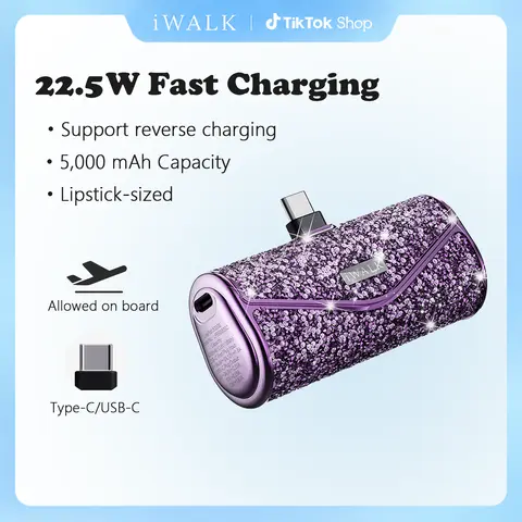 iWALK Sparkly Black Battery Power Bank - 22.5W Max 5000mAh Compact USB-C Cordless Fast Charger, Phone Accessories for Smartphone, USB-C Input, Compatible with iPhone 17/16/15, Ideal for Travel, School