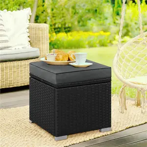 Costoffs 2-Piece Modern PE Rattan Storage Ottoman Set - Outdoor Wicker Furniture, Patio Furniture Set with Removable Cushions, Flip-Top Storage Boxes for Small Balcony, Patio Porch Organization