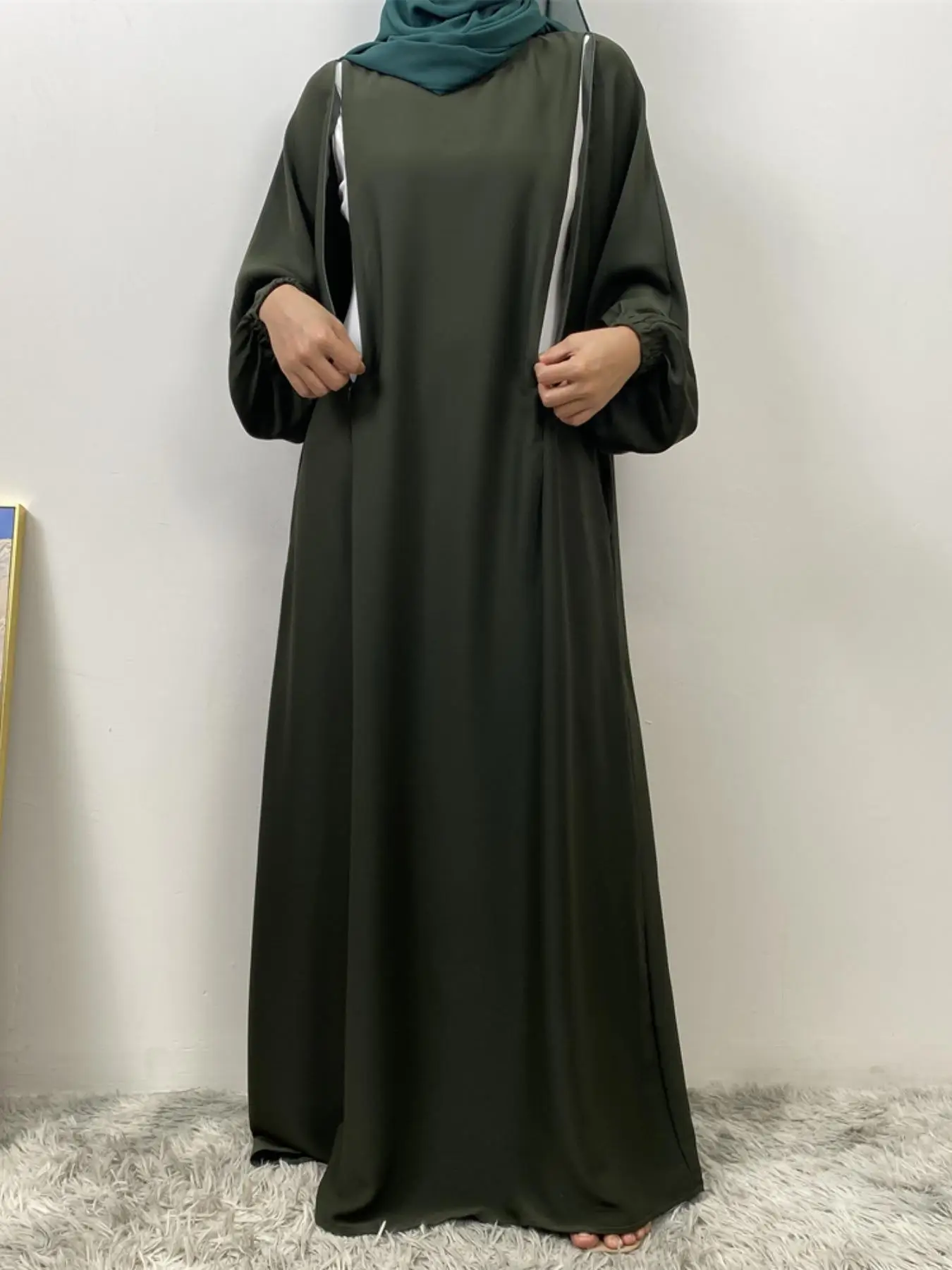 Women's Solid Zip Up Round Neck Nursing Dress without Hijab, Modest Fashion Casual Long Sleeve Dress for Daily Outdoor Wear, Muslim Clothing for All S
