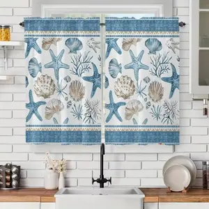 2 Piece Starfish Pattern Small Curtains Set, Home Decoration Curtain, Kitchen Window Drapes, Cute Ocean Themed Decor, Perfect for Bathroom & Living Room