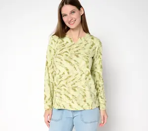 Denim & Co. Active Printed Textured Cotton Split Neck Pullover