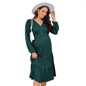 Yesfashion Women's Casual Elastane Maternity Button-Front Short-Sleeve Midi Dress, Soft Stretch, Elegant, Comfortable Fit, Easy to Pair with Flats, for Daily Wear & Baby Shower Events