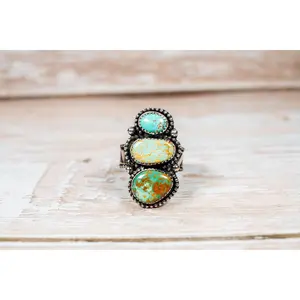 Handmade Sterling Silver Royston Turquoise & Vintage Kingman Three-Stone Ring size 7.5