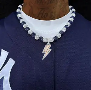 Iced Bling Disco Ball Rhinestone Pollyanna Crystal Bead Baseball Softball Necklace Navy White + Lightning Pendant