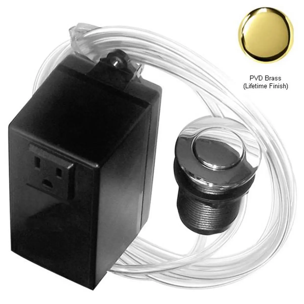 Westbrass ASB-01 Heavy-Duty UL Listed Kitchen Air Switch, PVD Polished Brass, with Single Outlet Control Box, 6-ft Hose (for Garbage Disposal)