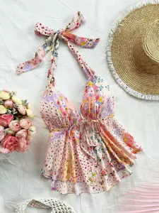 Women's Patchwork Floral Print Halter Cami – Knotted Backless Vacation Top