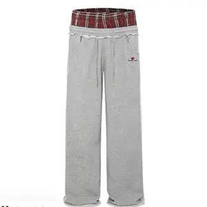 Aelfric Eden Double Waist Plaid Patchwork SweatPants Baggy Wide Leg Sweatpants for Women Loose Long Pants with Red Plaid Waistband