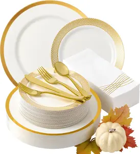 High End Thanksgiving Disposable Dinnerware Set - 175 count 25 Guests  White &  Plastic Plates, Cutlery Linen Feel Napkins - Elegant and Effortless for Fall Holiday Hosting