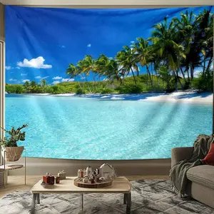 Tropical Beach Pattern Wall Hanging Tapestry, Landscape Palm Trees Ocean View Wall Hanging Decor, Wall Art for Home Living Room Bedroom Dorm Decor