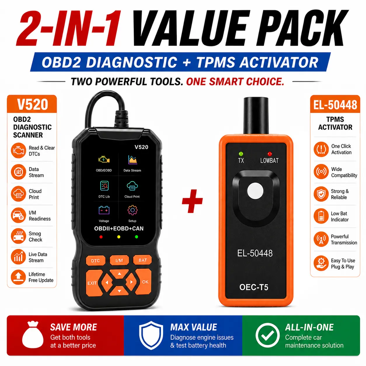 2-in-1 OBD2 Scanner & TPMS Sensor Activator Kit V520 Car Diagnostic Tool Tire Pressure Monitor Reset Tool Engine Code Reader
