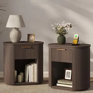 Fluted Nightstands Set of 2 with Charging Station, 23.6" Large Bedside Side Table, Wood End Table with Storage, Curved Round Corner, Furniture Bedroom Sofa, Mid Century Modern, Vintage Boho, Walnut